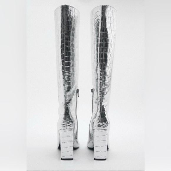 NWT ZARA Silver Metallic Laminated Croc Print Fashion Tall Boots Heel Shoes 39 8 - Picture 12 of 16